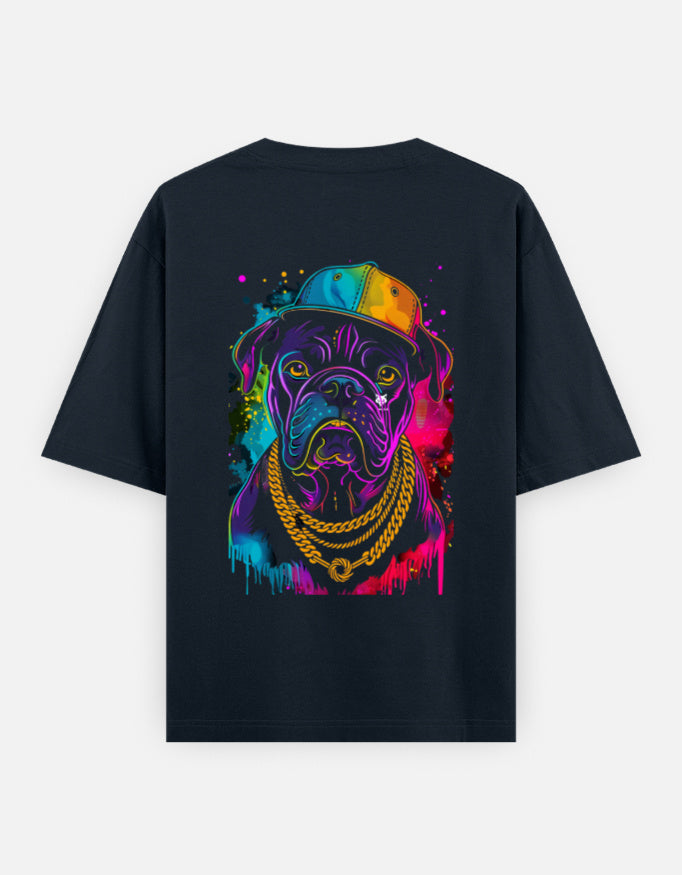 Alpha hue men oversized graphic t-shirt with colorful dog wearing hat and gold chains design