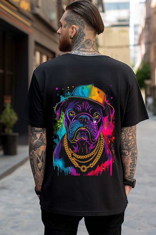 Alpha hue men oversized graphic t-shirt featuring a colorful neon dog print with gold chains on the back