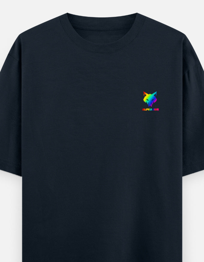 Alpha Hue men oversized graphic t-shirt in black with rainbow wolf logo on chest