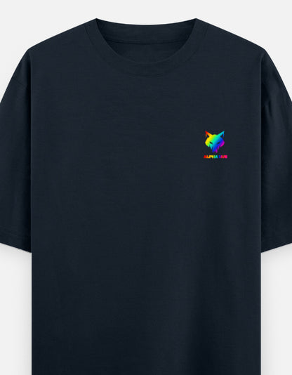 Alpha Hue men oversized graphic t-shirt in black with rainbow wolf logo on chest