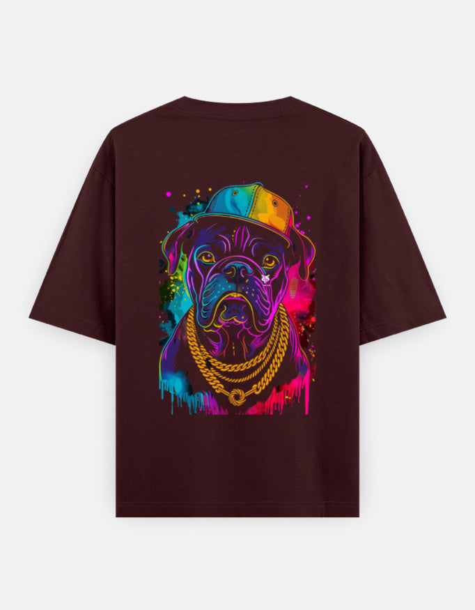 Alpha hue men oversized graphic t-shirt in maroon with colorful dog print wearing chains and cap