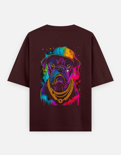 Alpha hue men oversized graphic t-shirt in maroon with colorful dog print wearing chains and cap