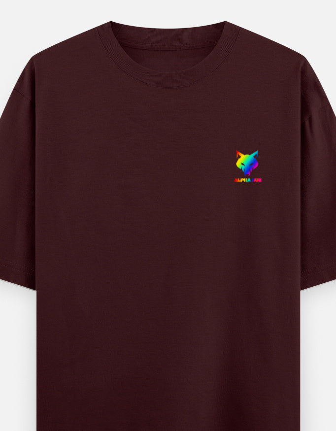 Alpha Hue men oversized graphic t-shirt in deep maroon with small colorful wolf logo on chest