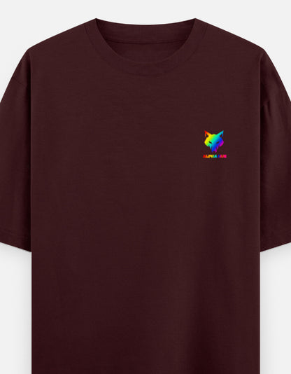 Alpha Hue men oversized graphic t-shirt in deep maroon with small colorful wolf logo on chest