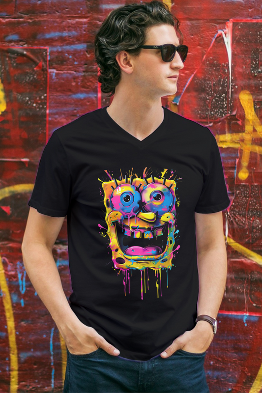Men's v neck t shirt by alpha hue featuring colorful dripping cartoon face design