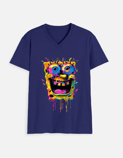 Alpha Hue men's v neck t shirt in navy blue with colorful abstract cartoon face graphic