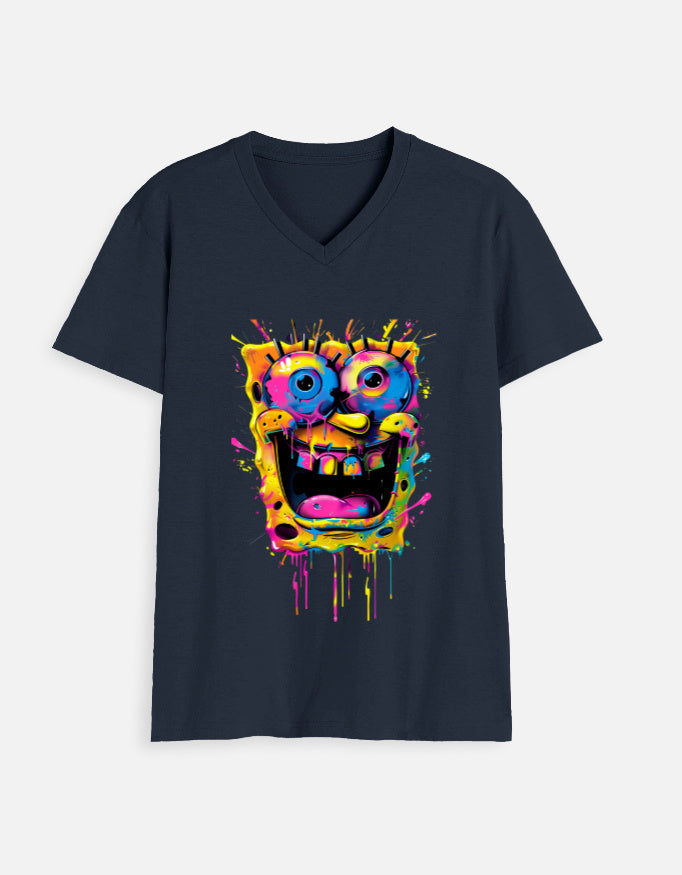 Alpha hue men's v neck t shirt with colorful abstract SpongeBob graphic on navy blue fabric
