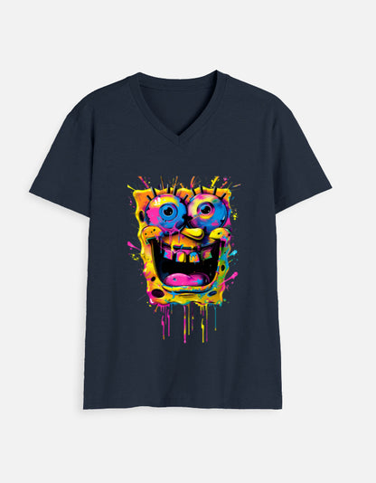 Alpha hue men's v neck t shirt with colorful abstract SpongeBob graphic on navy blue fabric