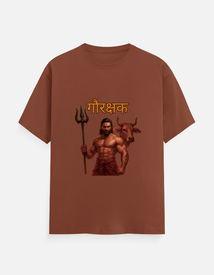 ALPHA HUE men's classic crew neck t-shirt in brown with graphic of a warrior holding a trident and a bull