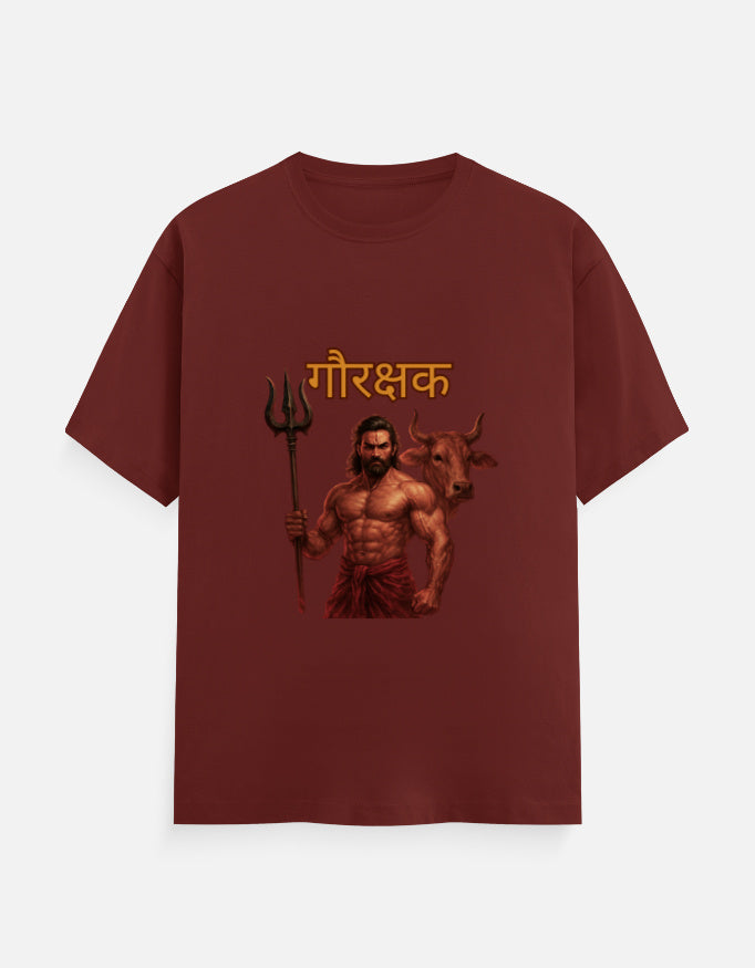 ALPHA HUE men's classic crew neck t-shirt in maroon with graphic of muscular man holding trident and cow