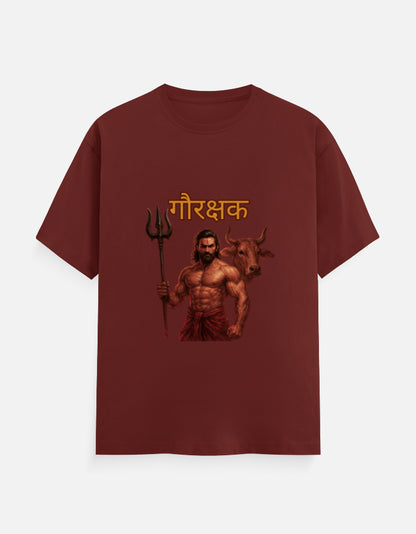 ALPHA HUE men's classic crew neck t-shirt in maroon with graphic of muscular man holding trident and cow