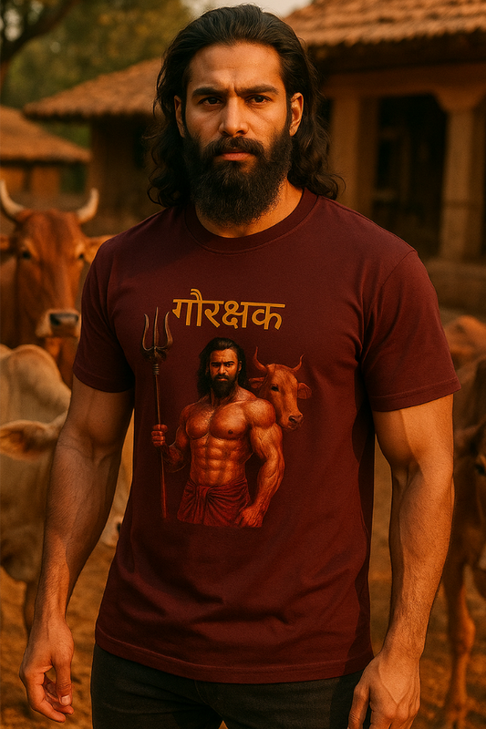 ALPHA HUE men's classic crew neck t-shirt in maroon with graphic print of a muscular man holding a trident and Hindi text