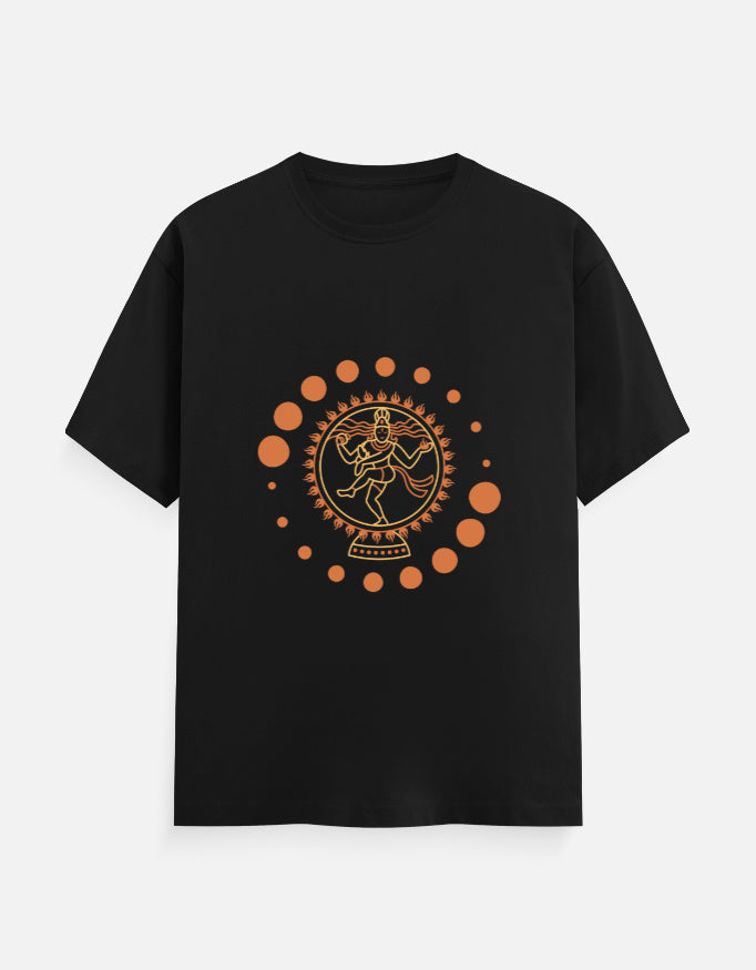 Alpha Hue men's classic crew neck t-shirt in black with orange circular graphic design on front