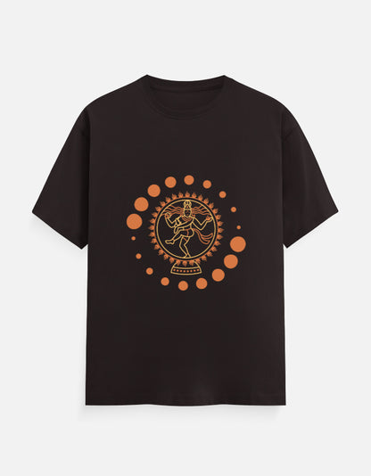 Alpha Hue men's classic crew neck t-shirt in black with orange artistic circular design on front