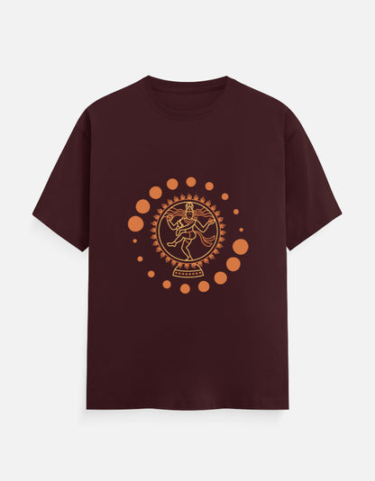 Alpha Hue men's classic crew neck t-shirt in maroon with orange circular graphic design