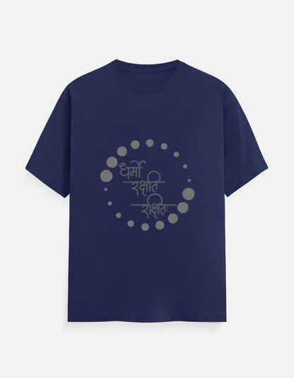 Alpha Hue men's classic crew neck t-shirt in navy blue with circular printed design in gray