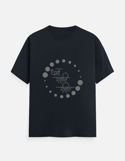 Alpha Hue men's classic crew neck t-shirt in black with circular dot design and Hindi text
