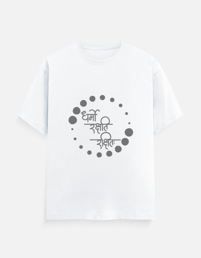 Alpha hue men's classic crew neck t-shirt in white with circular Hindi script graphic design