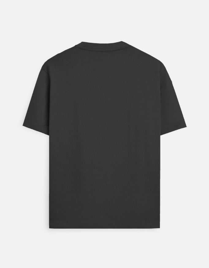 Alpha hue black men's crew neck t-shirt displayed from the back with short sleeves