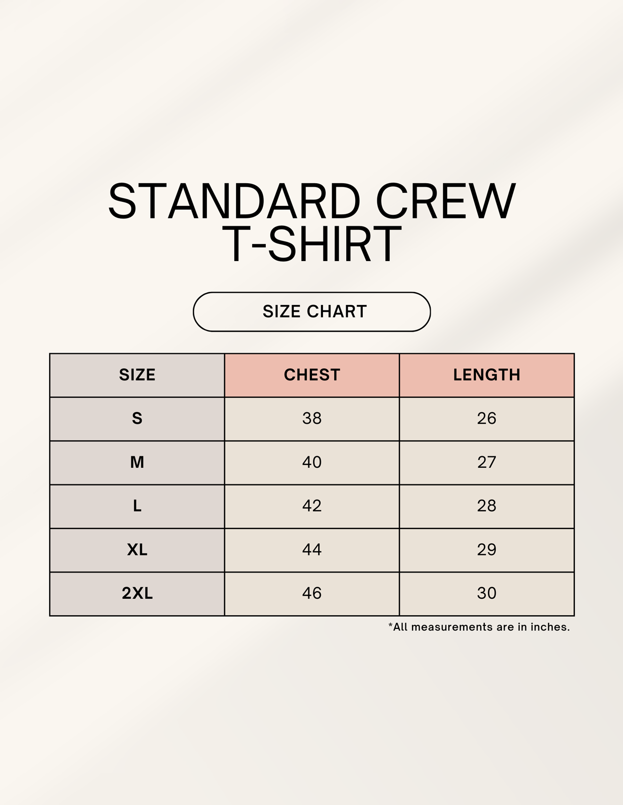 Size chart for alpha hue men's crew neck t-shirt showing chest and length measurements for sizes S to 2XL