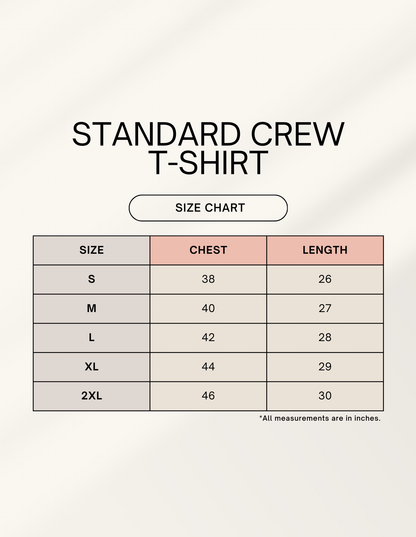 Size chart for alpha hue men's crew neck t-shirt showing chest and length measurements for sizes S to 2XL