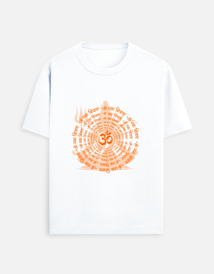 Alpha Hue men's crew neck t-shirt in white with orange spiritual symbol graphic design