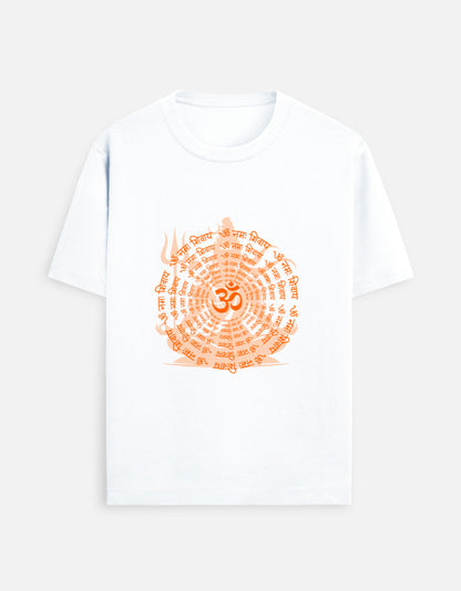 Alpha Hue men's crew neck t-shirt in white with orange spiritual symbol graphic design