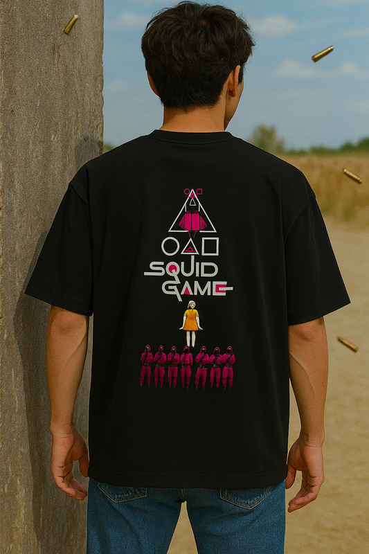 ALPHA HUE men's oversized squid game terry t-shirt in black with graphic print on the back