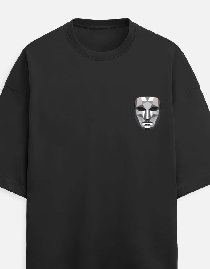 Men's oversized squid game terry t-shirt in black with geometric mask graphic on front chest