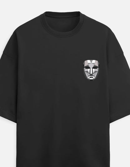 Men's oversized squid game terry t-shirt in black with geometric mask graphic on front chest