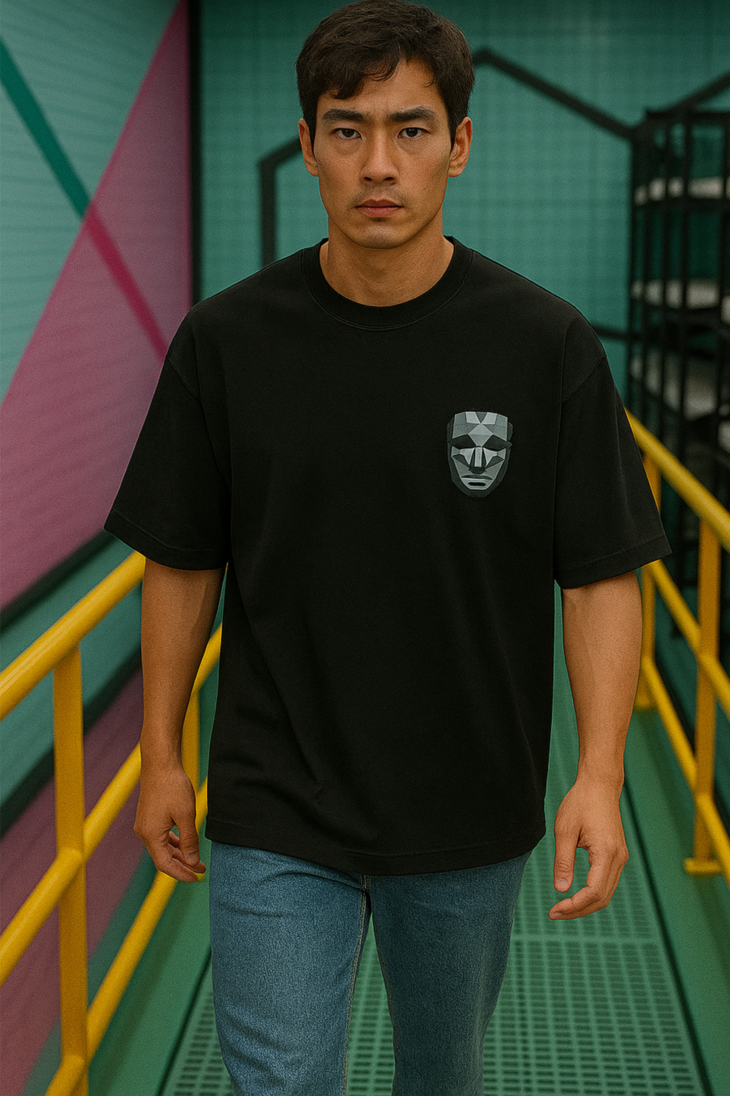 Men's oversized squid game terry t-shirt in black with geometric mask design by ALPHA HUE
