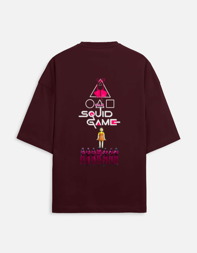 ALPHA HUE men's oversized squid game terry t-shirt in maroon with Squid Game character graphic on back