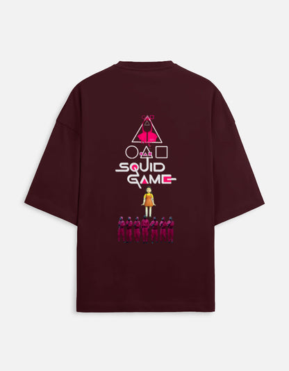 ALPHA HUE men's oversized squid game terry t-shirt in maroon with Squid Game character graphic on back
