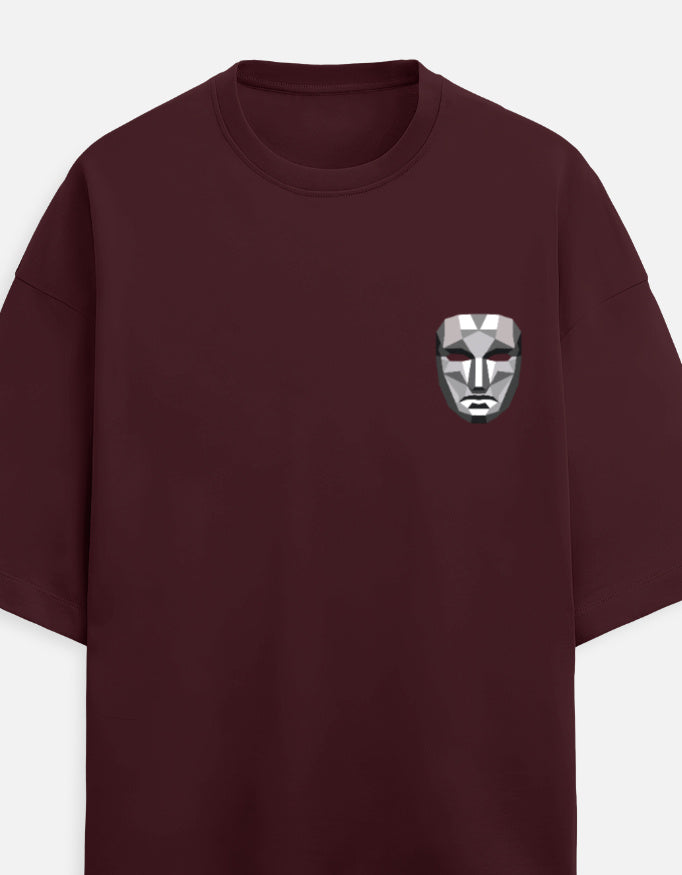ALPHA HUE men's oversized squid game terry t-shirt in dark maroon with geometric mask design