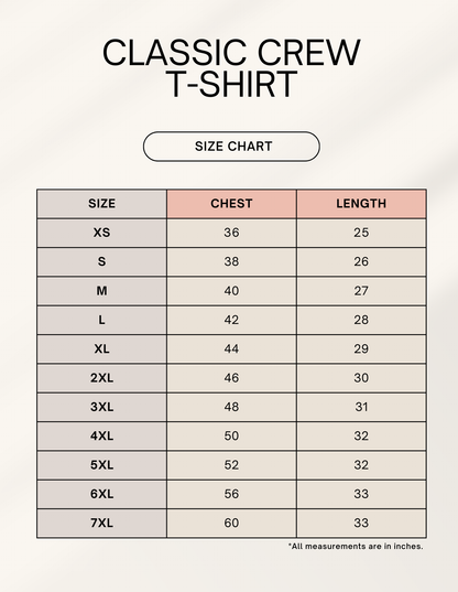 Alpha Hue men classic crew t-shirt size chart showing chest and length measurements in inches
