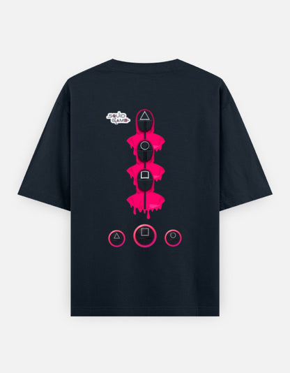 ALPHA HUE mens squid game tshirt black oversized classic t-shirt with pink and white Squid Game symbols on back