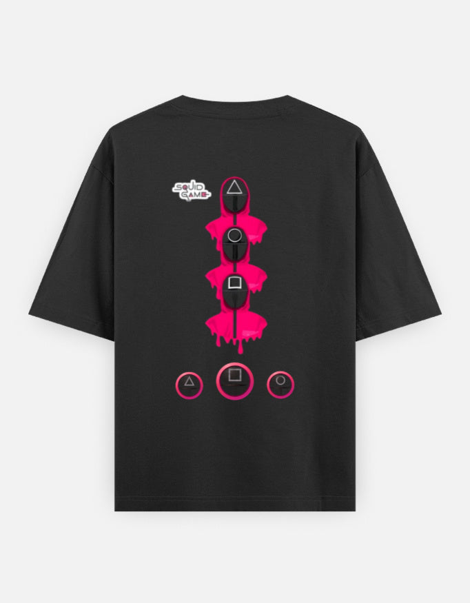 Black ALPHA HUE mens squid game tshirt with oversized fit and graphic print on back