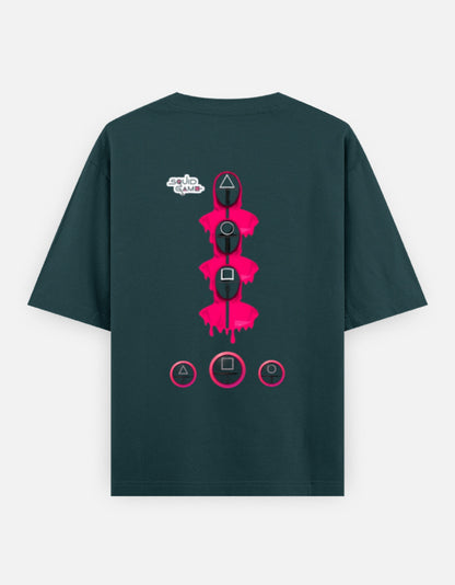 ALPHA HUE mens squid game tshirt oversized classic fit with geometric shapes and pink graphic on back