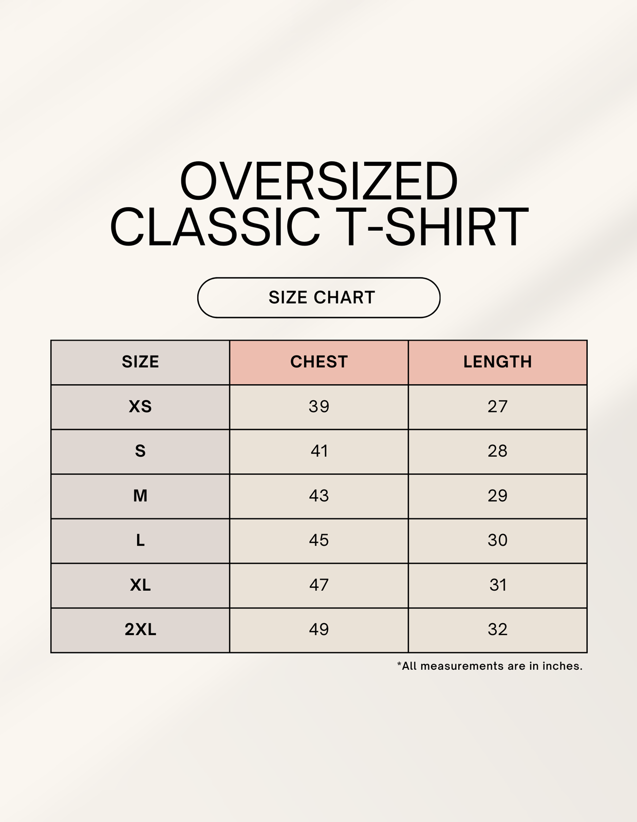 Size chart for ALPHA HUE men oversized classic t-shirt with chest and length measurements in inches for mens squid game tshirt