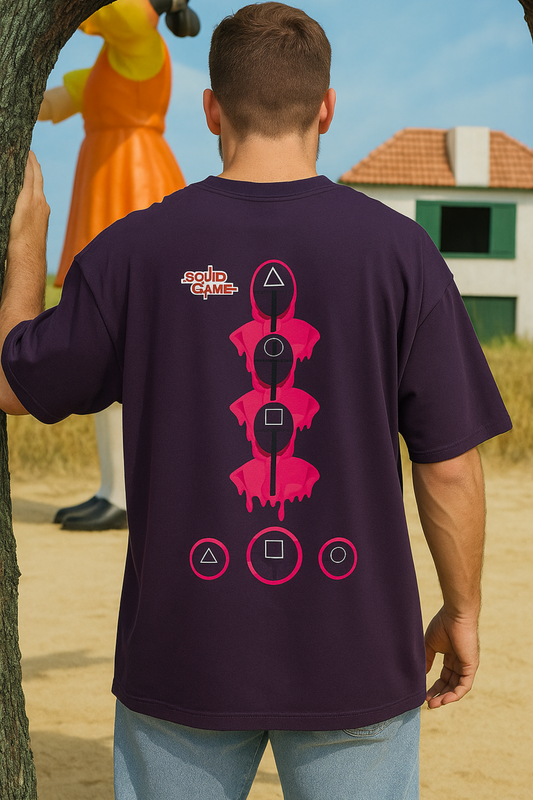 ALPHA HUE mens squid game tshirt oversized classic black with graphic symbols on back