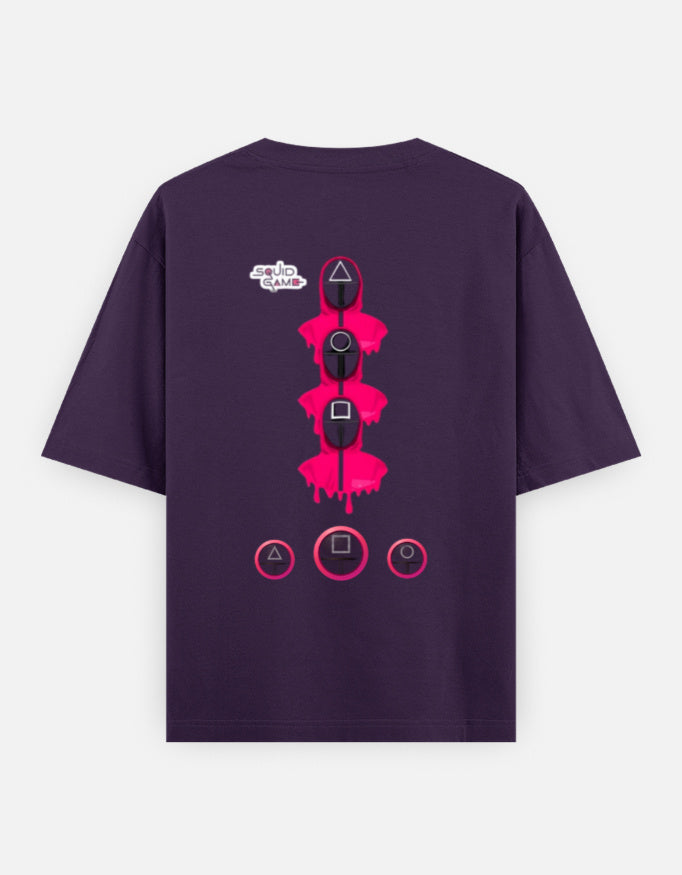 ALPHA HUE mens squid game tshirt oversized classic fit in dark purple with pink graphic symbols on back