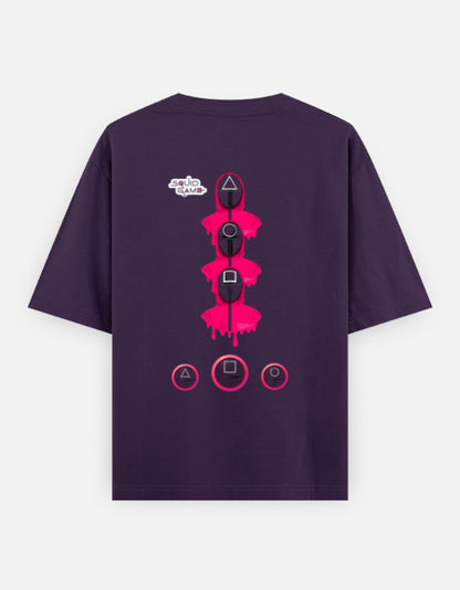 ALPHA HUE mens squid game tshirt oversized classic fit in dark purple with pink graphic symbols on back