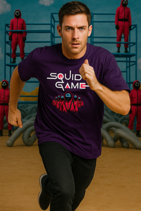 Men wearing ALPHA HUE mens squid game tshirt running with detailed Squid Game characters print