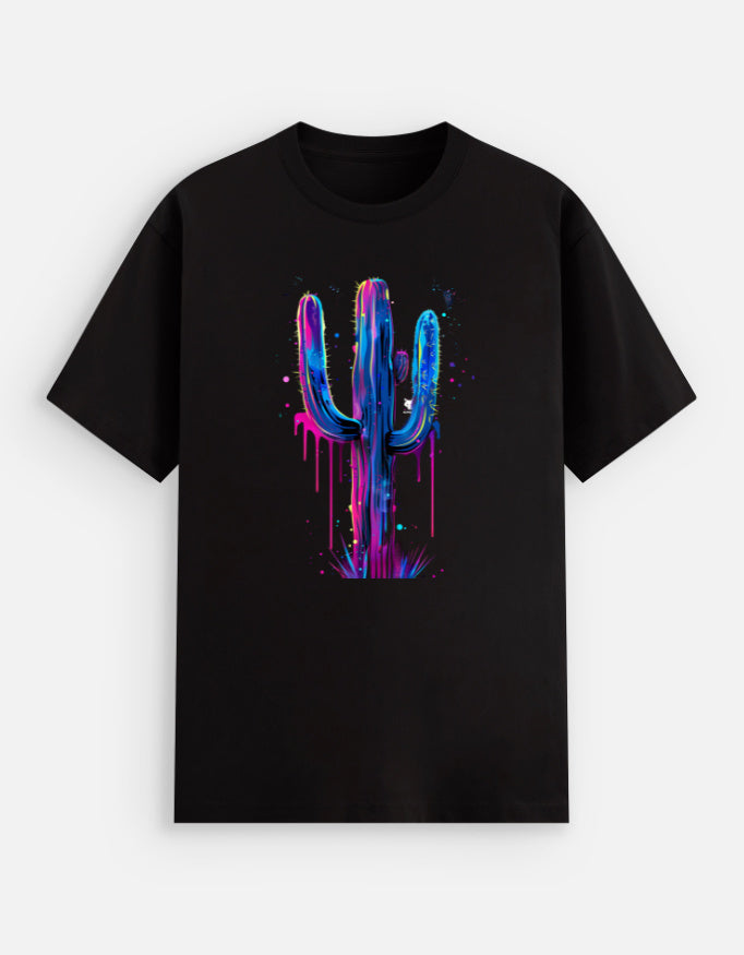 Alpha Hue men's stretch t-shirt in black with colorful neon cactus graphic design