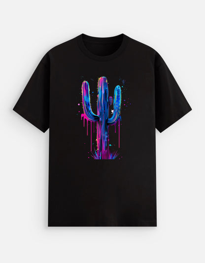 Alpha Hue men's stretch t-shirt in black with colorful neon cactus graphic design