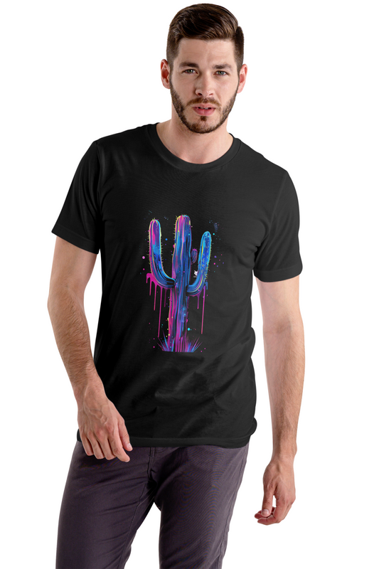 Alpha Hue men's stretch t-shirt in black with colorful dripping cactus graphic on front
