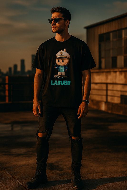 Man wearing black ALPHA HUE men's stretch t-shirt with graphic design and sunglasses outdoors