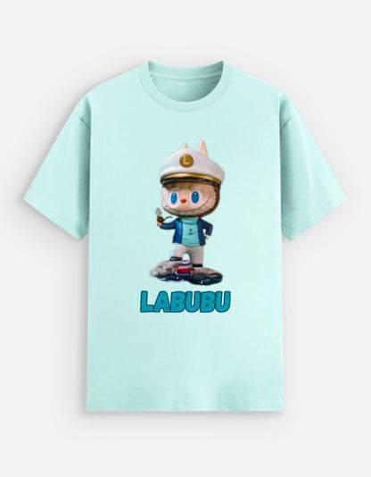 ALPHA HUE men's stretch t-shirt in light blue with LABUBU cartoon character print