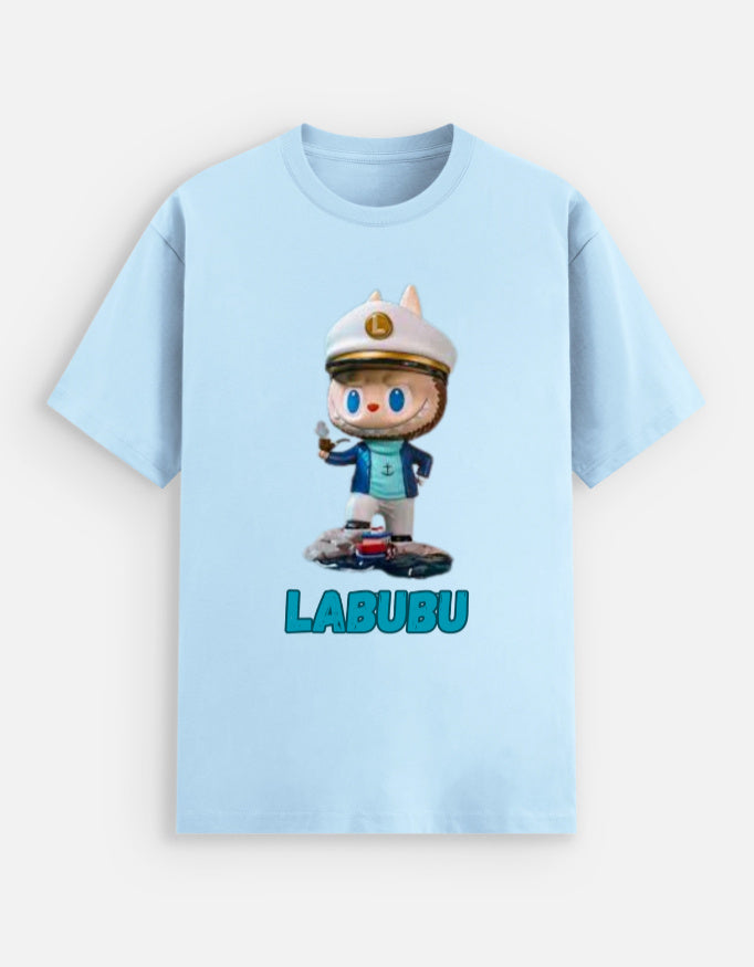 ALPHA HUE light blue men's stretch t-shirt featuring a cartoon sailor character and LABUBU text