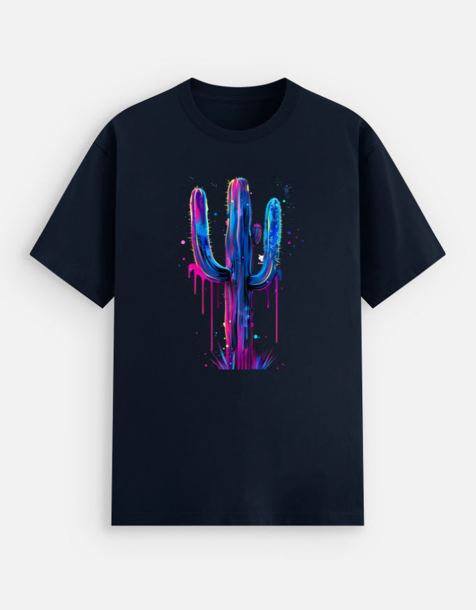 Alpha Hue men's stretch t-shirt in black with colorful neon cactus graphic print